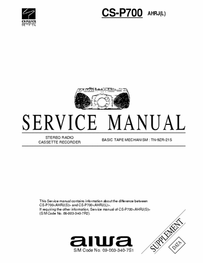 Aiwa CS-P700 Service Manual Fm Tape Recorder - Type AEZ, AK, AHK, AHRJ, (S) - Tape mech. TN-9ZR-215 - (6.149Kb+40) pag. 18+2